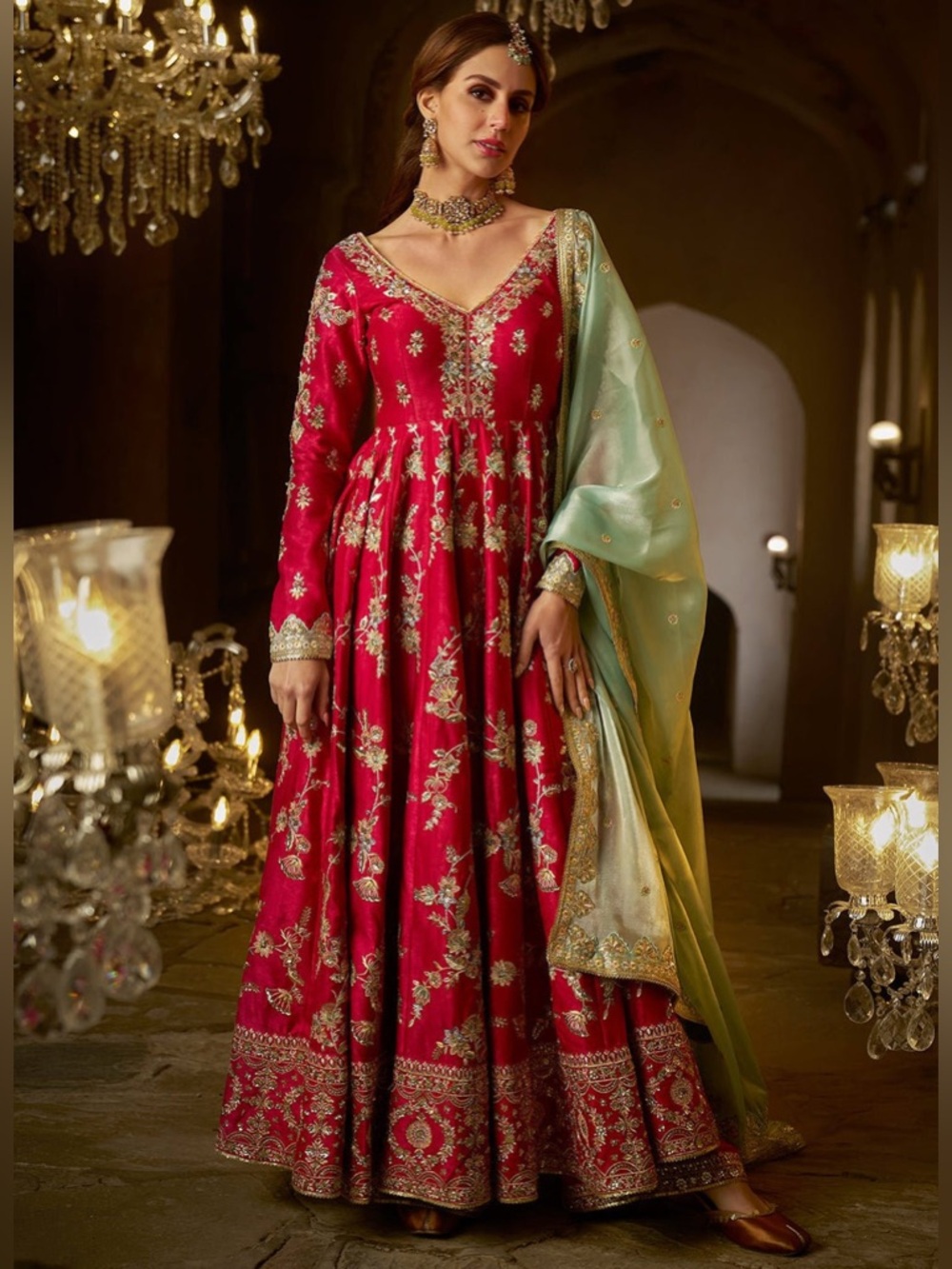 Lashkaraa Hot Pink Embroidered Anarkali sequined beaded dress